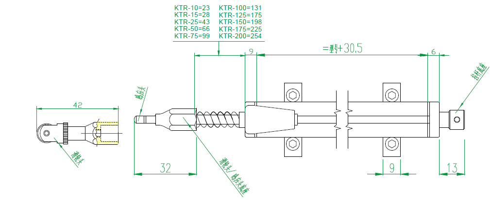 KTR系列外置弹簧自复位式位移传感器安装尺寸图