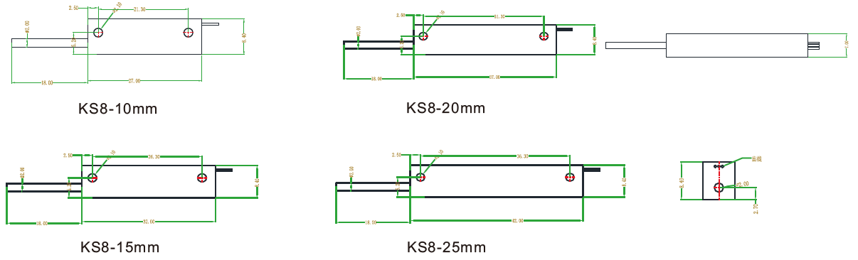 KS8微型内置弹簧自复位式位移传感器安装尺寸图S8FLP10A