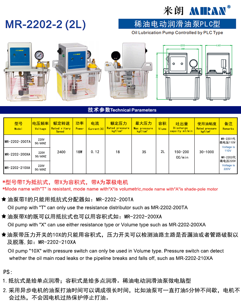 米朗MR-2202（2L）稀油电动润滑油泵（PLC型）及产品尺寸图